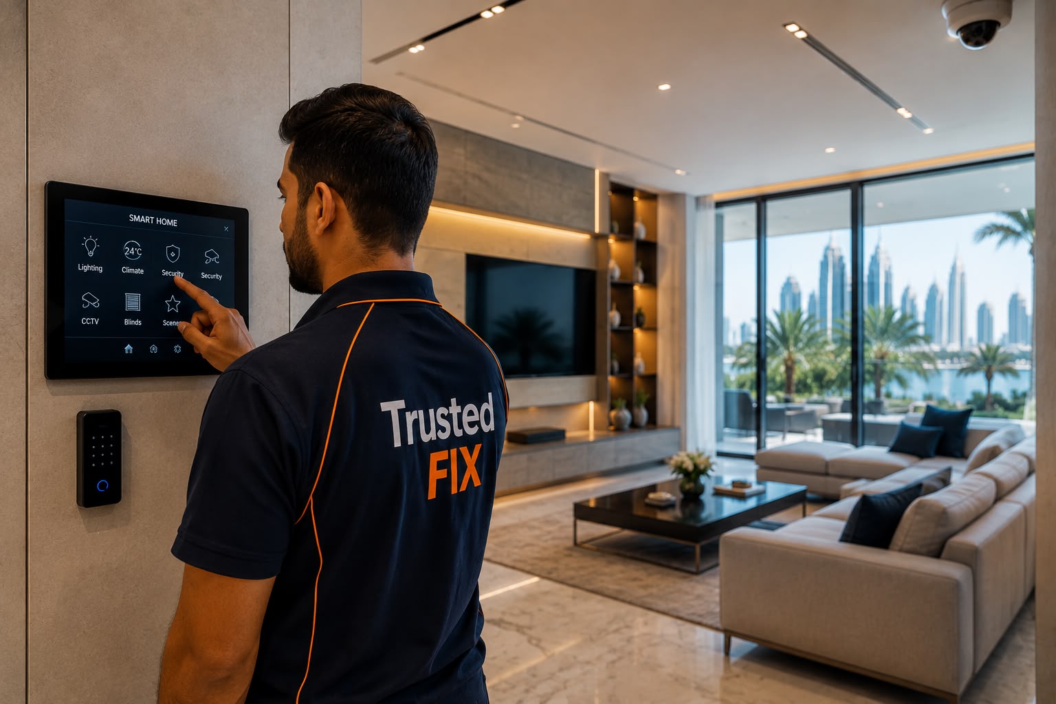 Trusted FIX technician using a smart home control panel